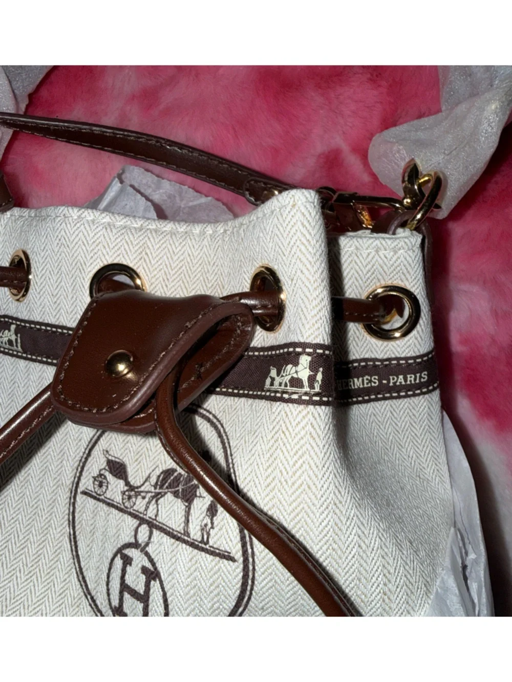 Cream and Brown Canvas Bucket Bag with Horse Motif